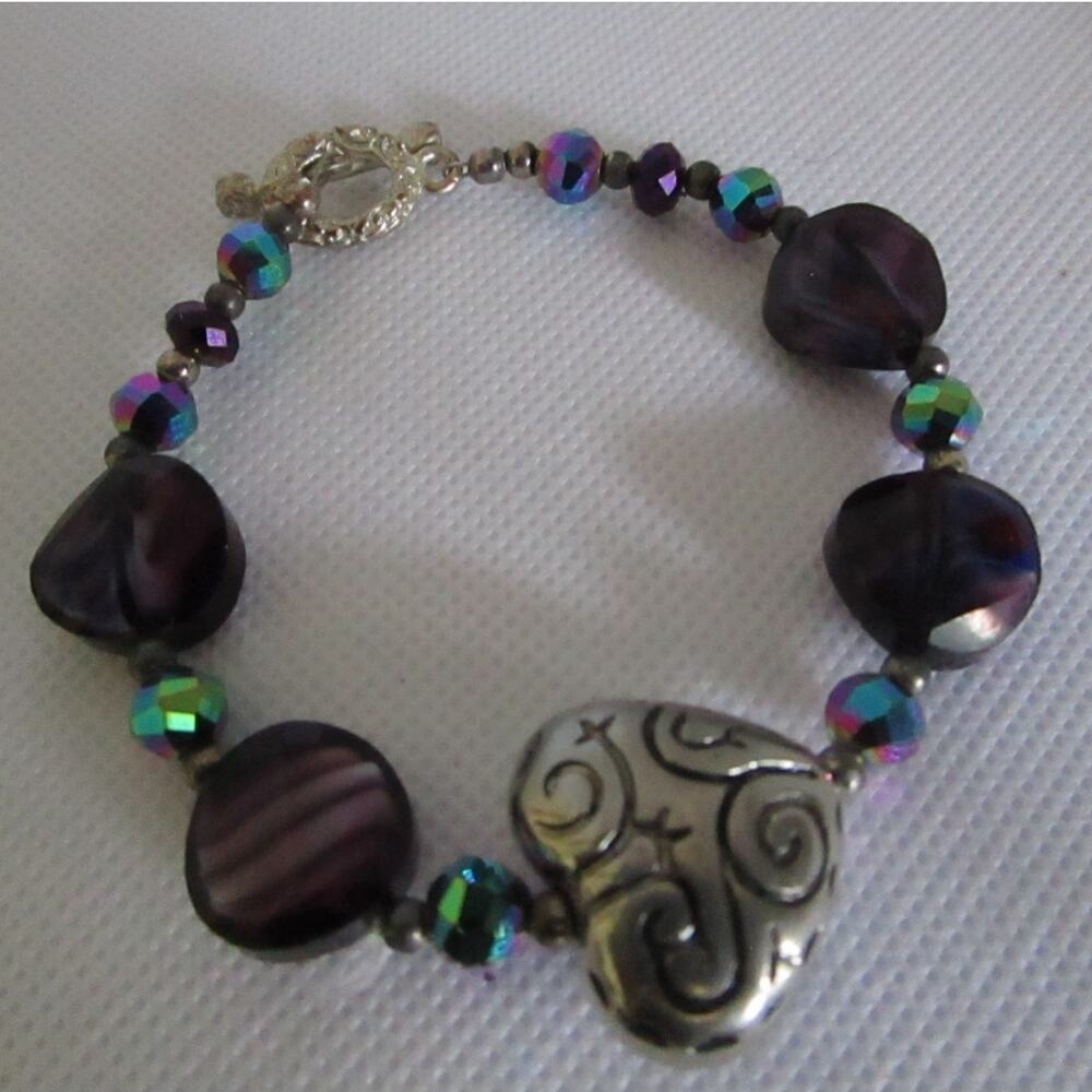 Iridescent Purple Glass Bead Bracelet with Silver Heart Charm Boho Y2K